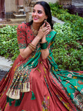 Salmon Color Kalamkari Print With Foil Work Tussar Silk Lehenga Choli