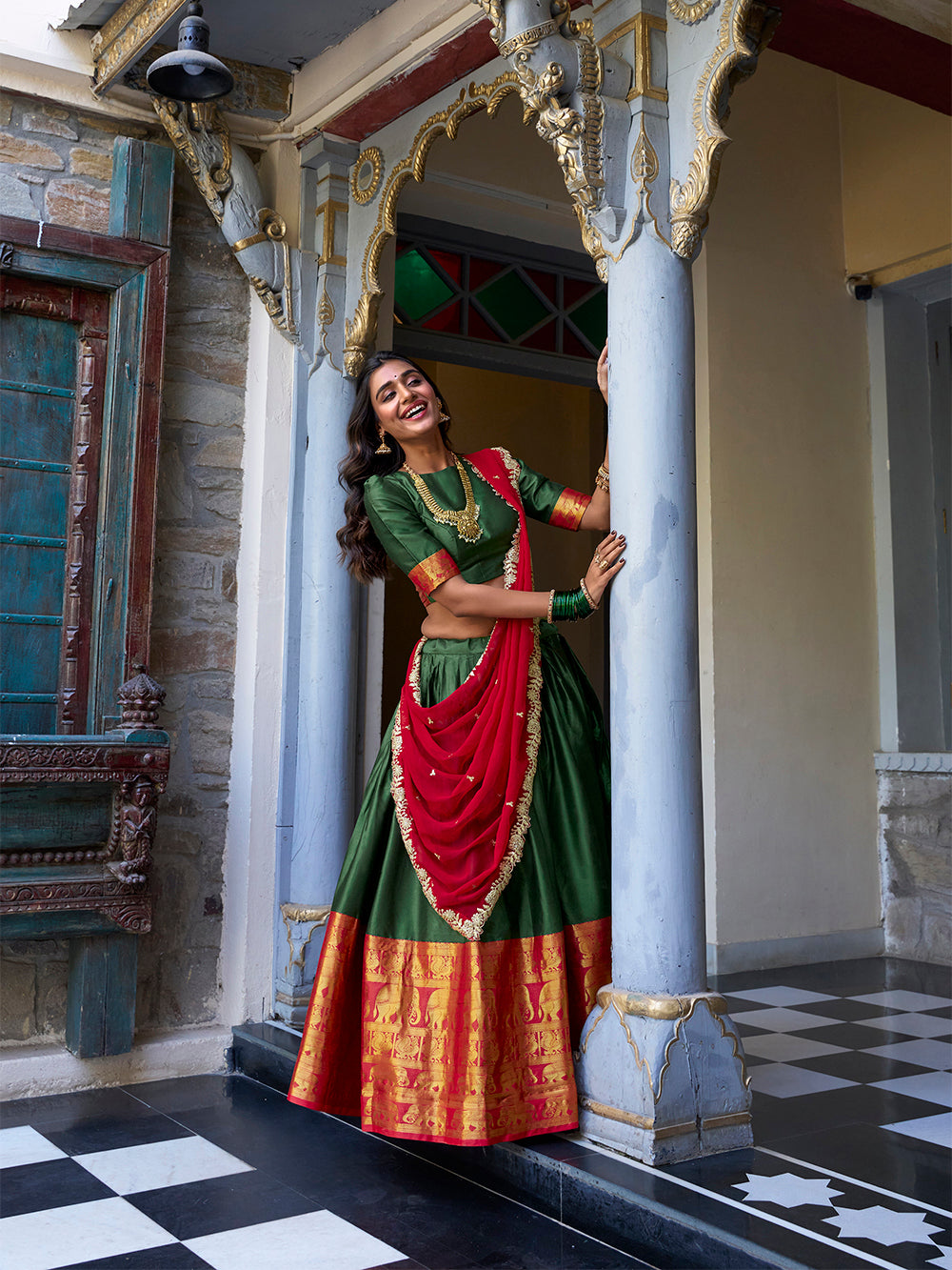 Green Color Zari Weaving Work Narayan Pattu Lehenga Choli
