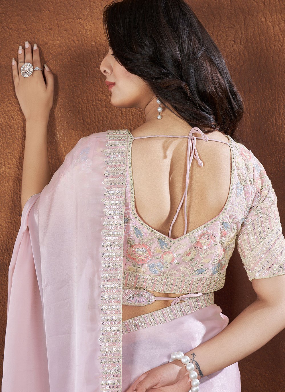 Stone & Moti Embellished Baby Pink Crepe Satin Silk Saree with Net Stitched Blouse