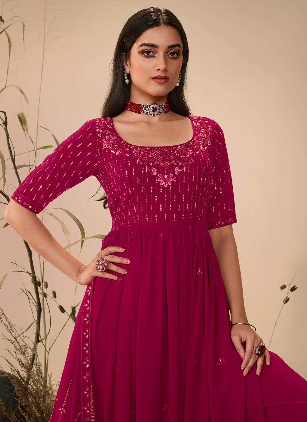 Stunning Pink Embroidered Georgette Festive Wear Palazzo Suit
