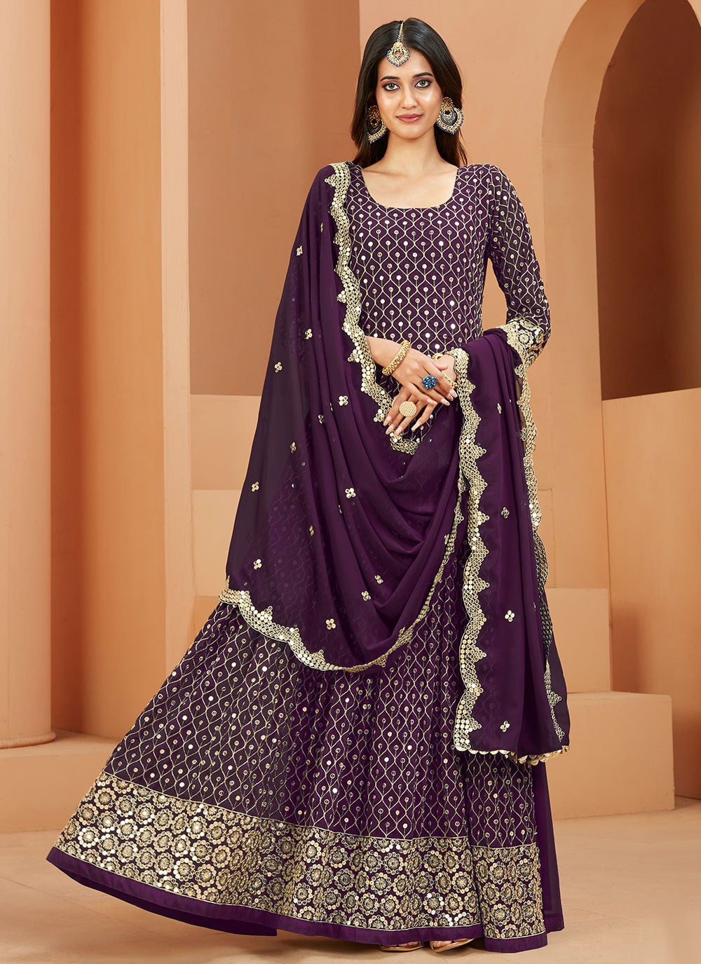 Stunning Purple Embroidered Faux Georgette Anarkali Suit