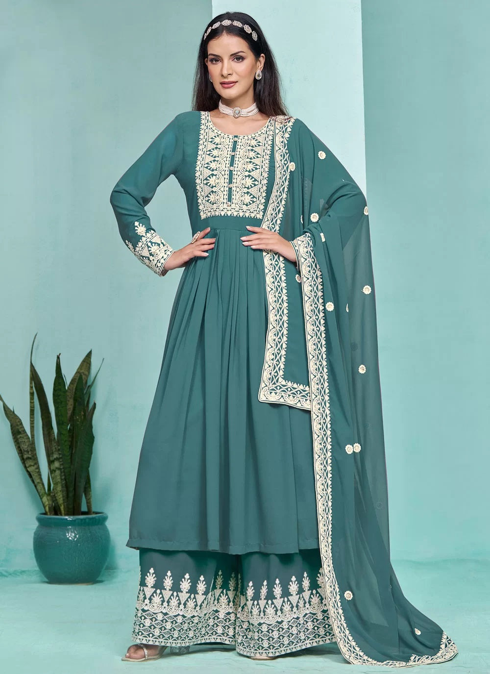 Stunning Rama Faux Georgette Embroidered Indian Pant Style Suit