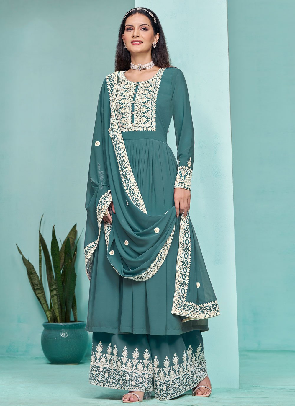 Stunning Rama Faux Georgette Embroidered Indian Pant Style Suit