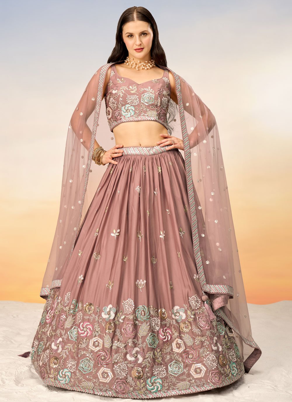 Stunning Rose Gold Bridesmaid Lehenga Choli with Intricate Sequins Work