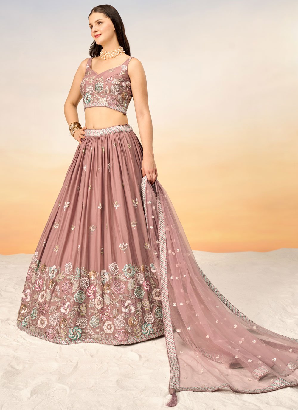 Stunning Rose Gold Bridesmaid Lehenga Choli with Intricate Sequins Work