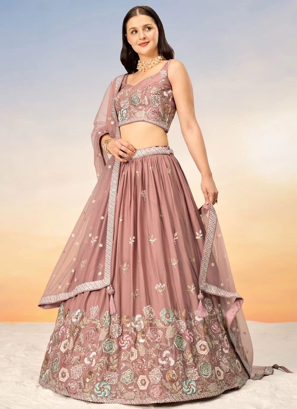 Stunning Rose Gold Bridesmaid Lehenga Choli with Intricate Sequins Work