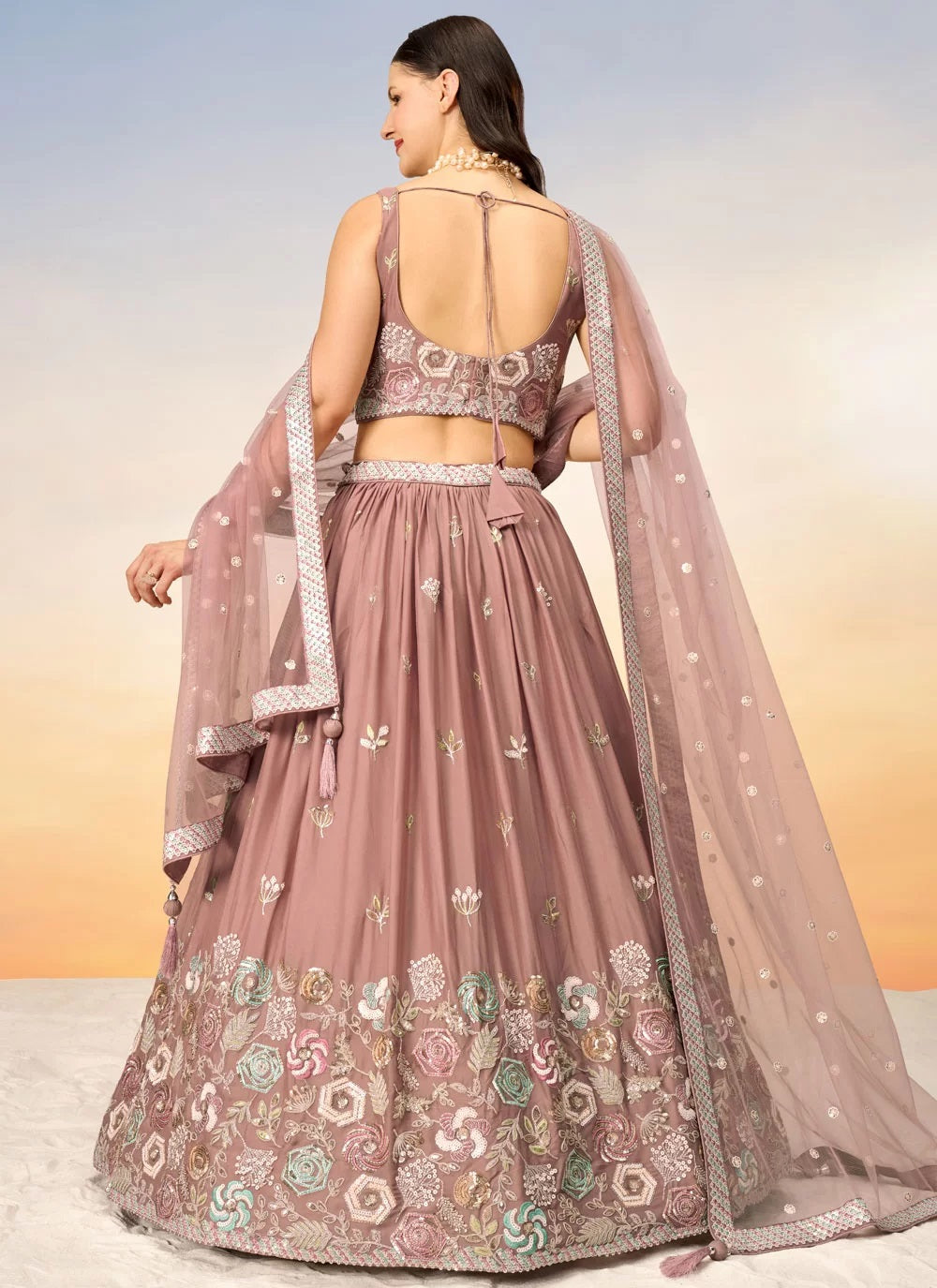 Stunning Rose Gold Bridesmaid Lehenga Choli with Intricate Sequins Work