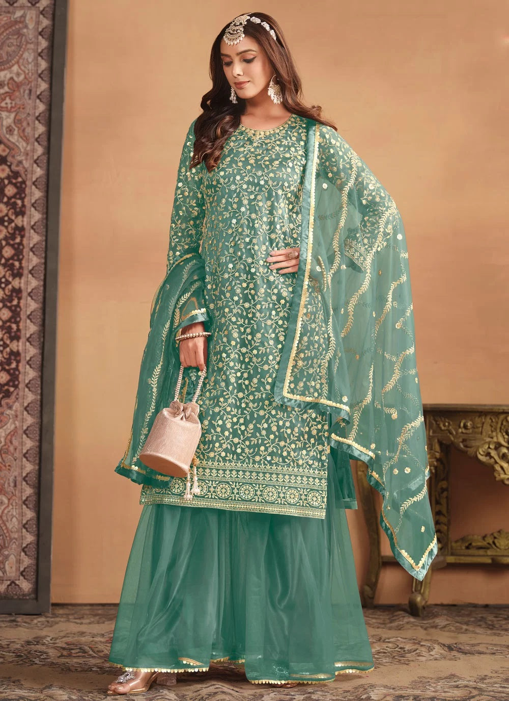 Stunning Sea Green Embroidered Net Sharara Dress for Women