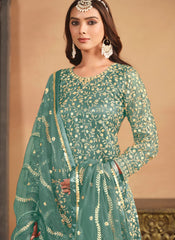 Stunning Sea Green Embroidered Net Sharara Dress for Women