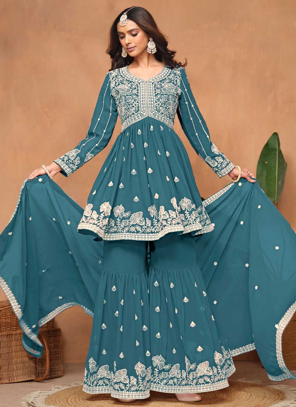 Stunning Teal Faux Georgette Embroidered Sharara Style Suit