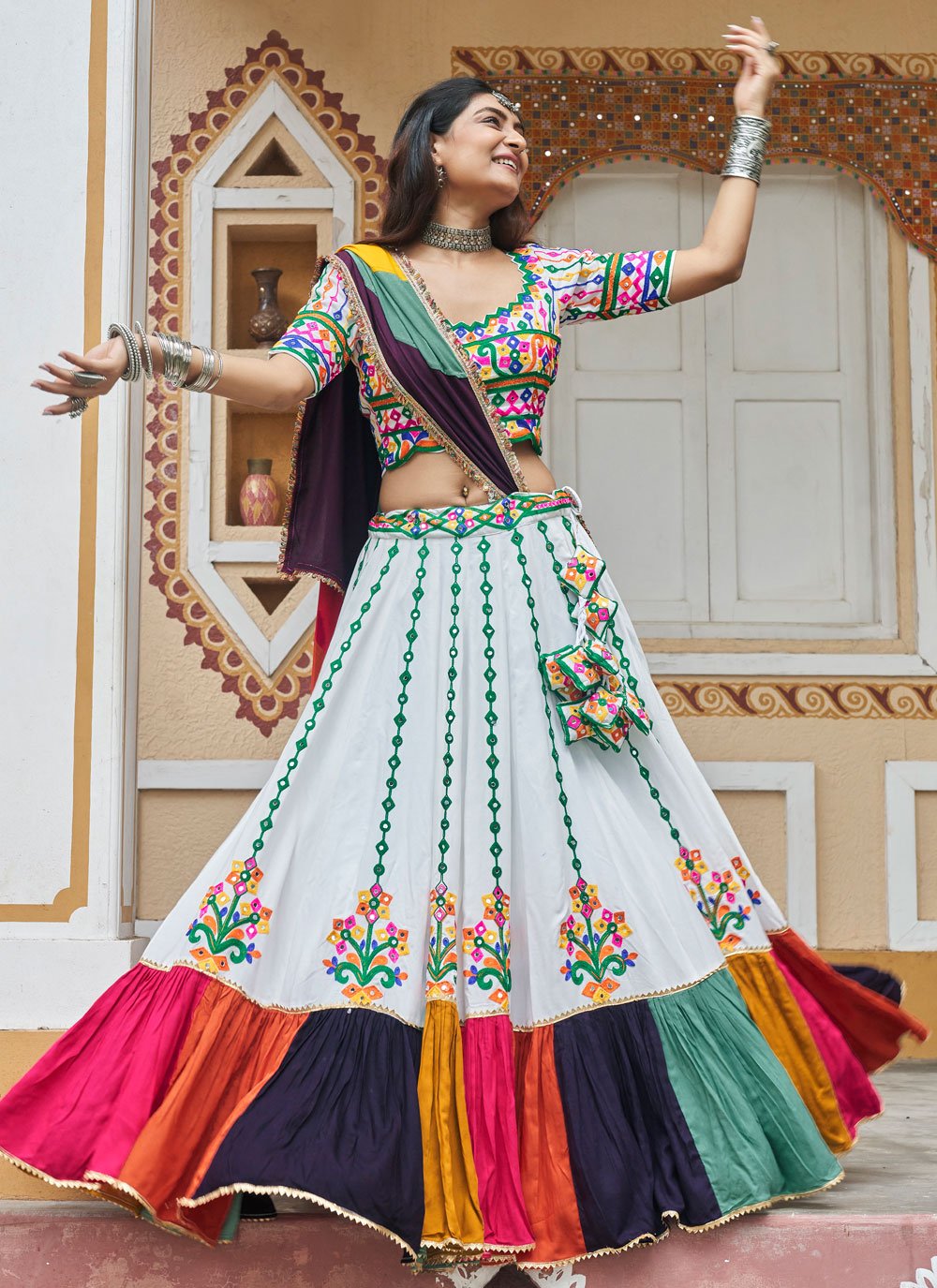 Stunning White Mirror Work and Embroidered Viscose Rayon Lehenga for Navratri