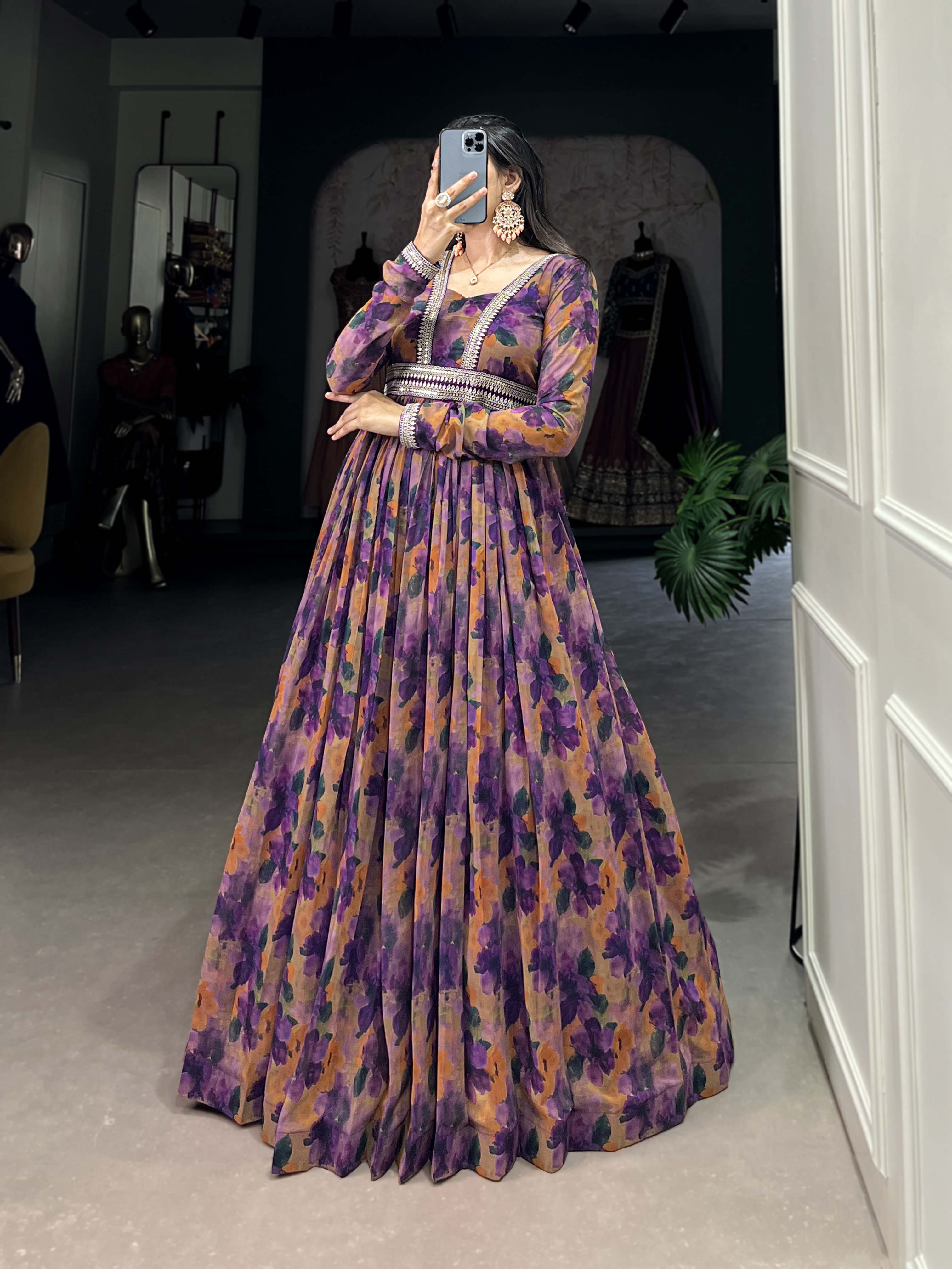 Purple Color Floral Print With Lace Border Georgette Gown