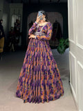 Purple Color Floral Print With Lace Border Georgette Gown