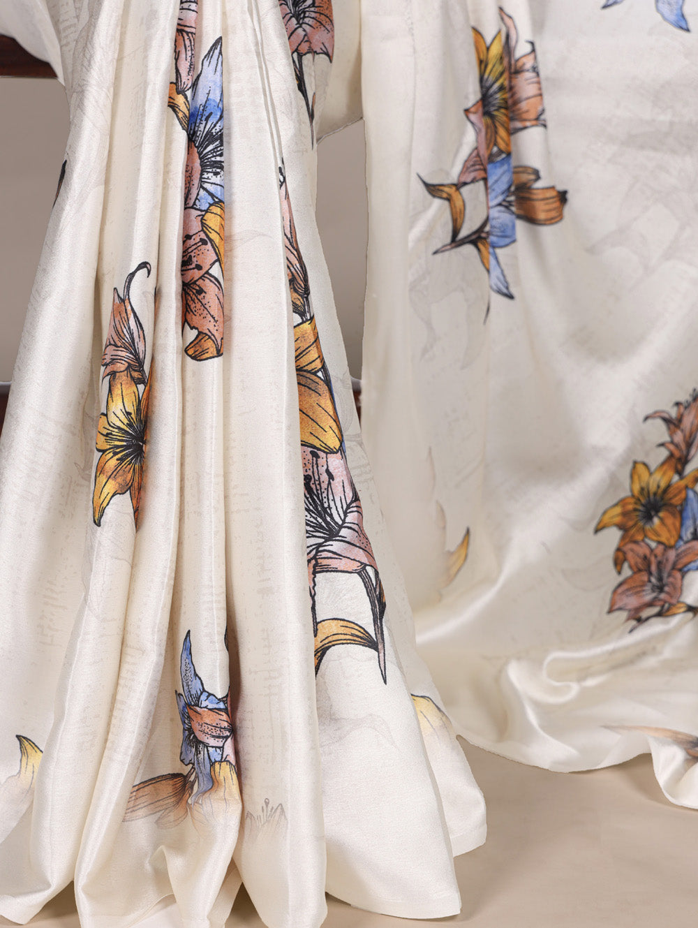 Off white saree with natural silk yellow blouse fabric