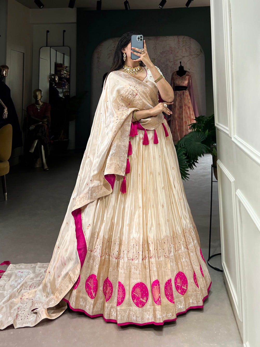 Pink Color Mirror And Bids (Moti) Handwork Shimmer With Weaving Work Lehenga Choli