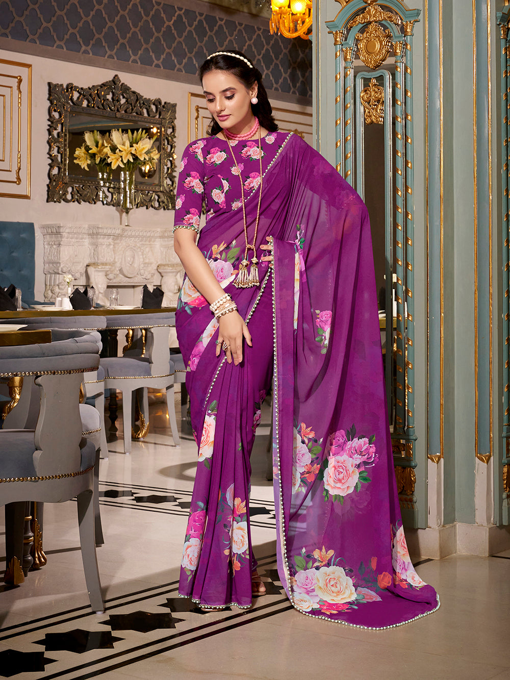 Purple saree with pearl lace and zari border