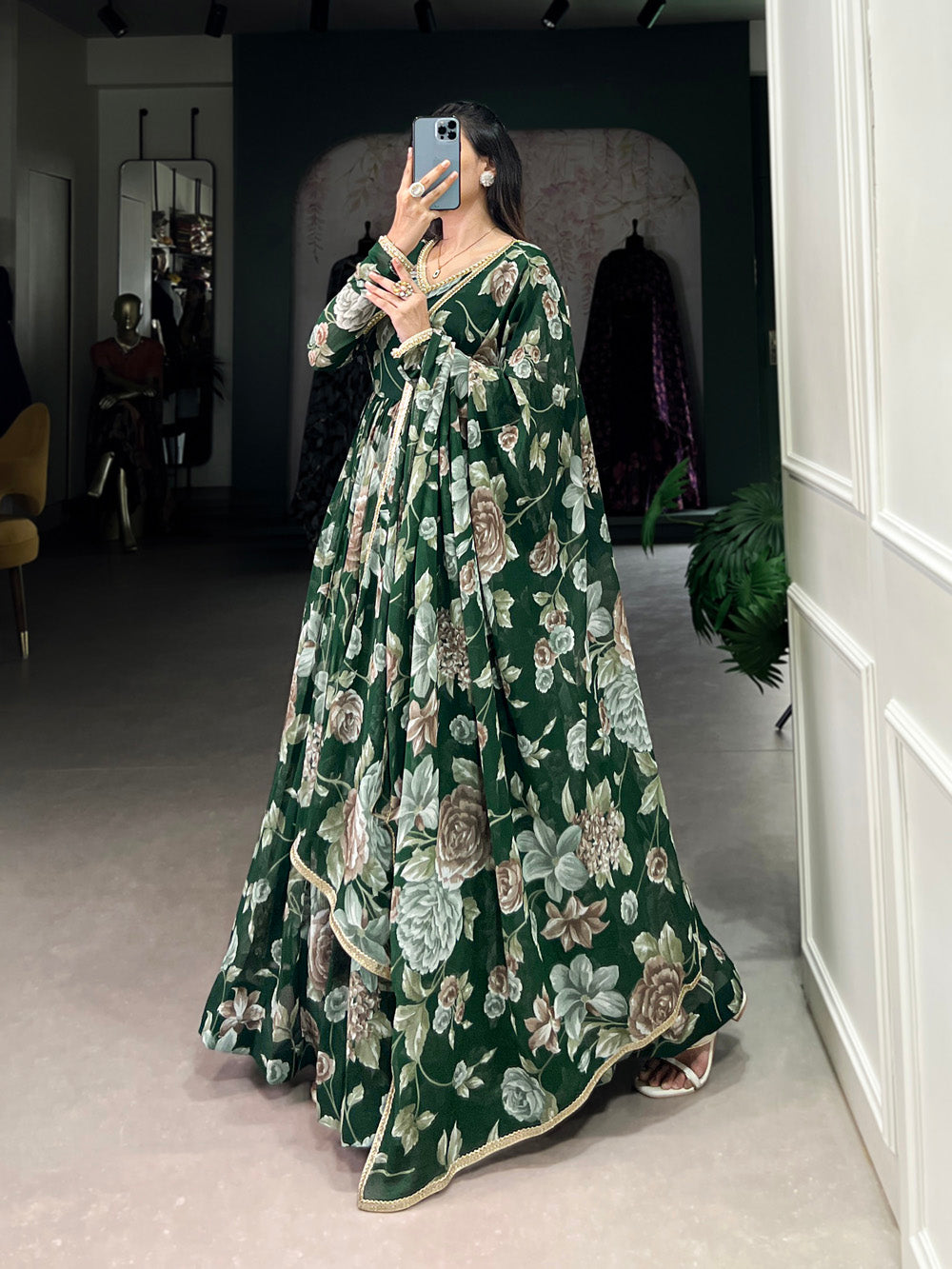 Green Color Floral Print With Lace Border Marbel Gown