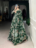 Green Color Floral Print With Lace Border Marbel Gown