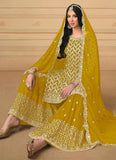 Stylish Mustard Embroidered Faux Georgette Sharara Salwar Kameez