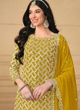 Stylish Mustard Embroidered Faux Georgette Sharara Salwar Kameez