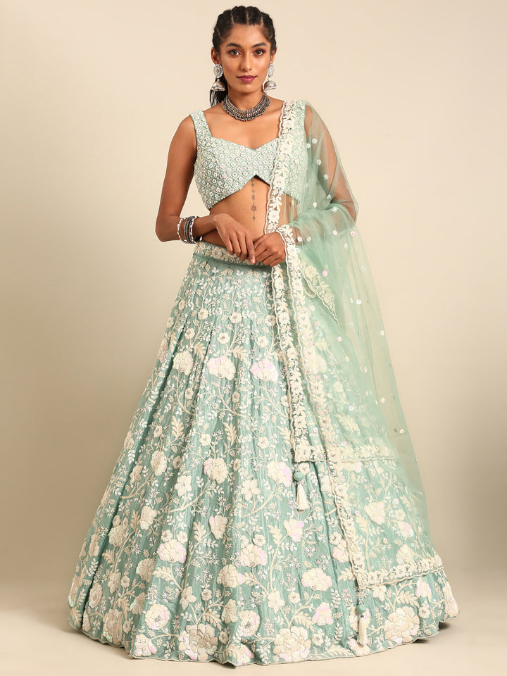 Stylish Seagreen Chinon Sequins and Zarkan Work Reception Look Lehenga