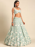 Stylish Seagreen Chinon Sequins and Zarkan Work Reception Look Lehenga