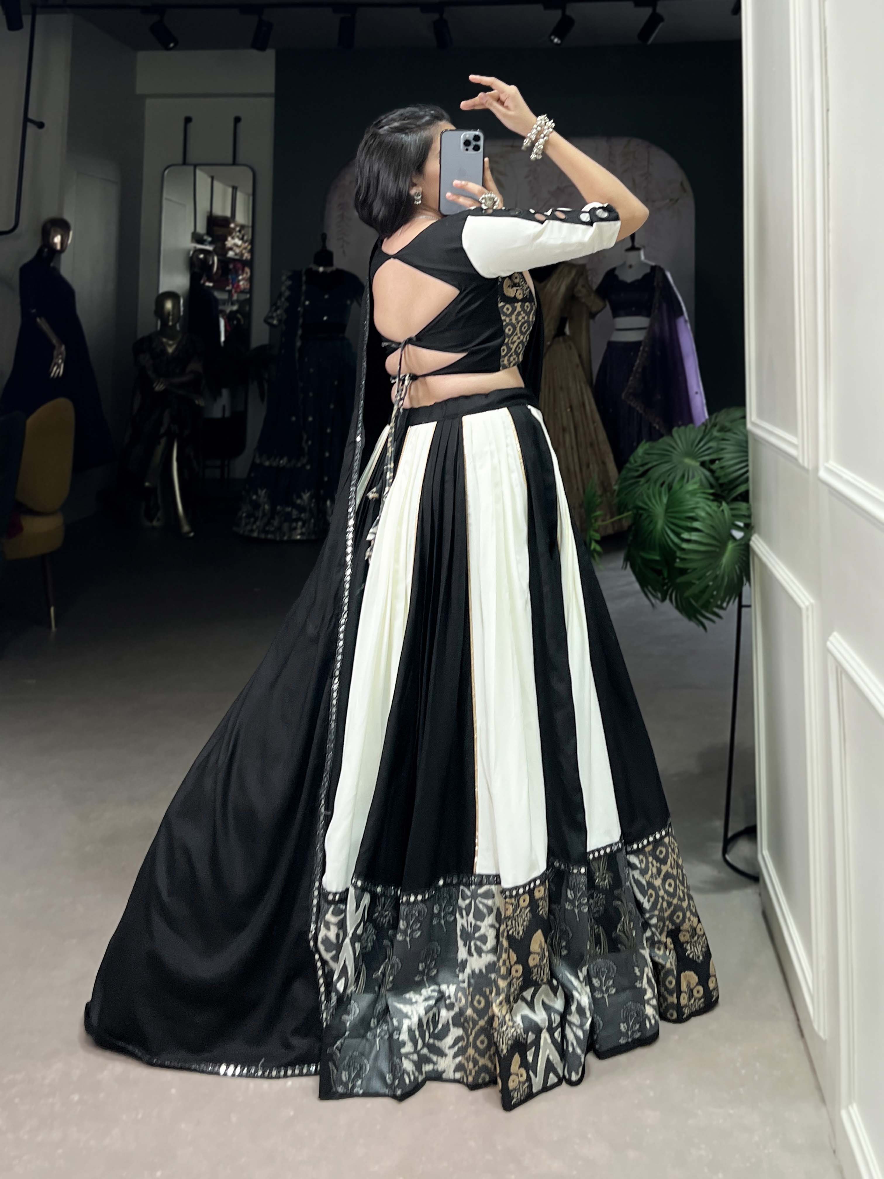 Black Color Plain And Printed With Paper Mirror Work Rayon Lehenga Choli