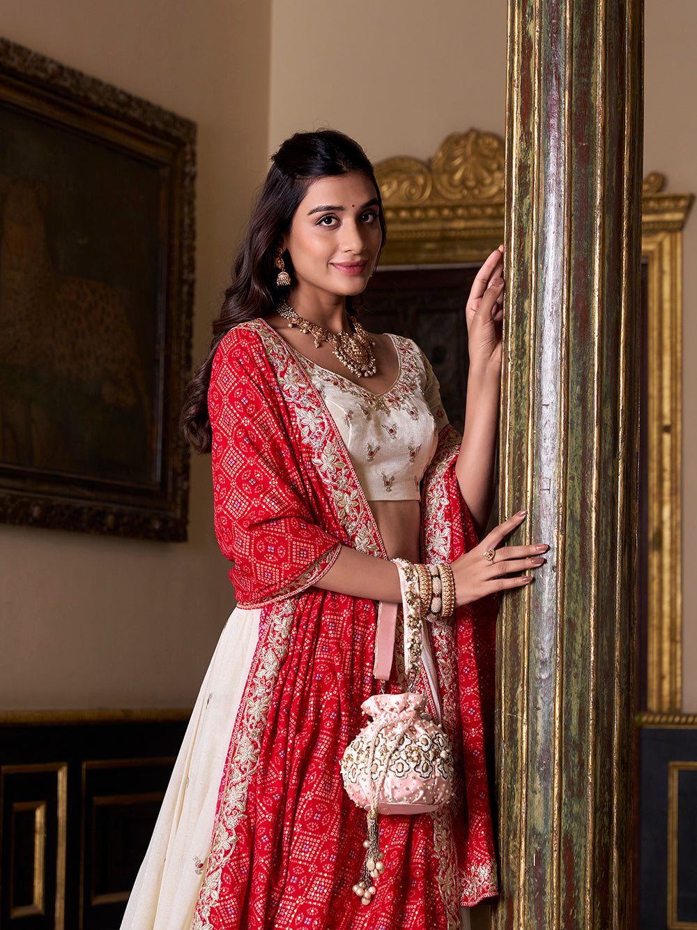 Off White Color Sequins And Thread Embroidery Work Vichitra Silk Lehenga Choli