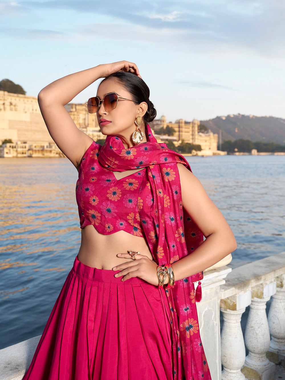 Pink Color Floral Print With Foil Work Tussar Silk Lehenga Choli