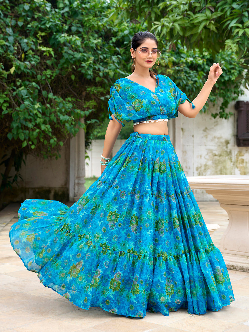 Sky Blue Color Floral Print Chiffon Co-ord Set Chaniya Choli