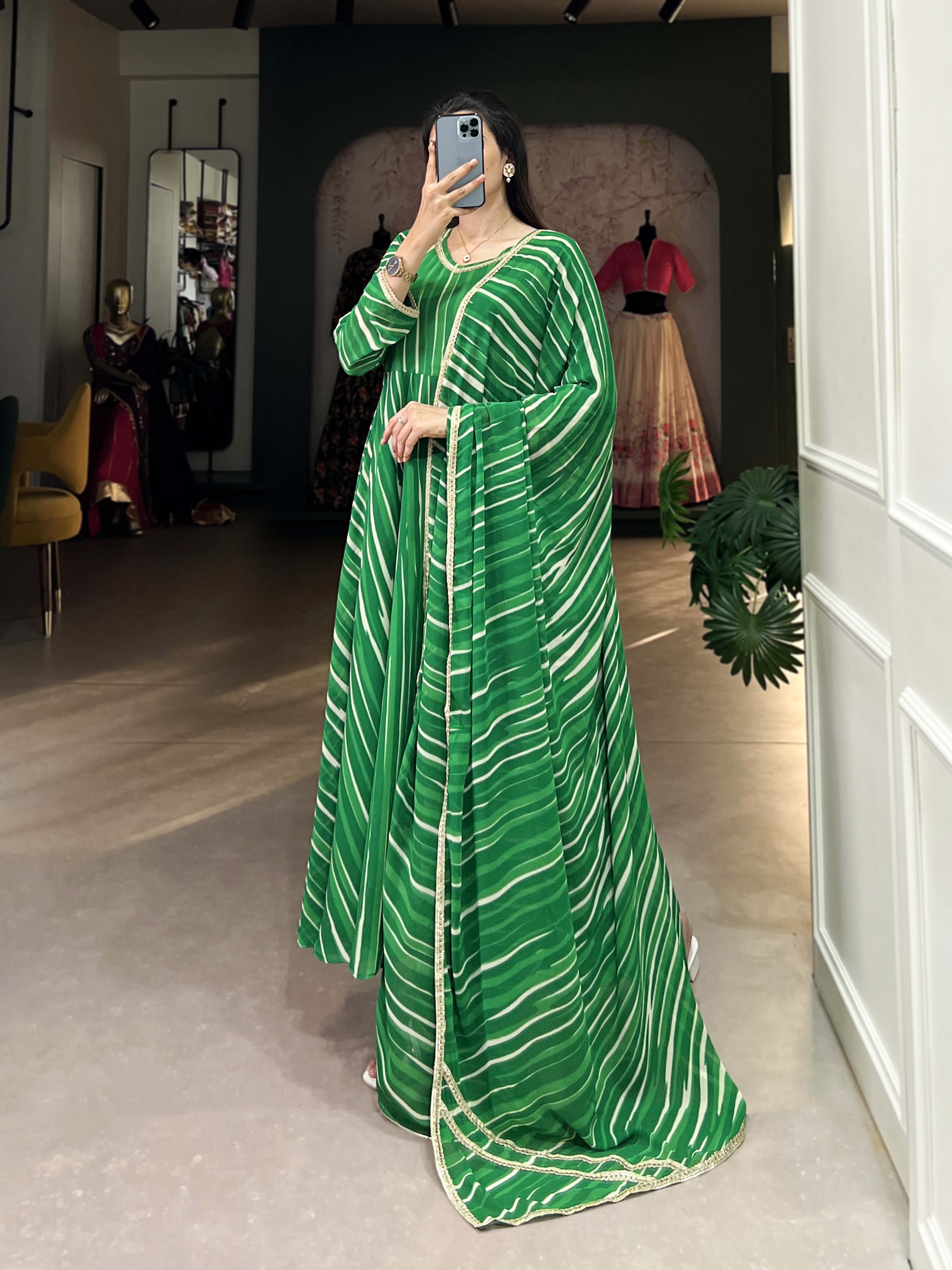 Green Color Leheriya With Lace Touch Up Georgette Gown