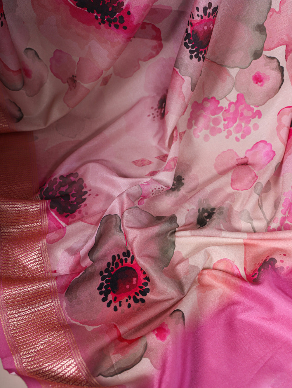 Floral print pink tussar silk saree