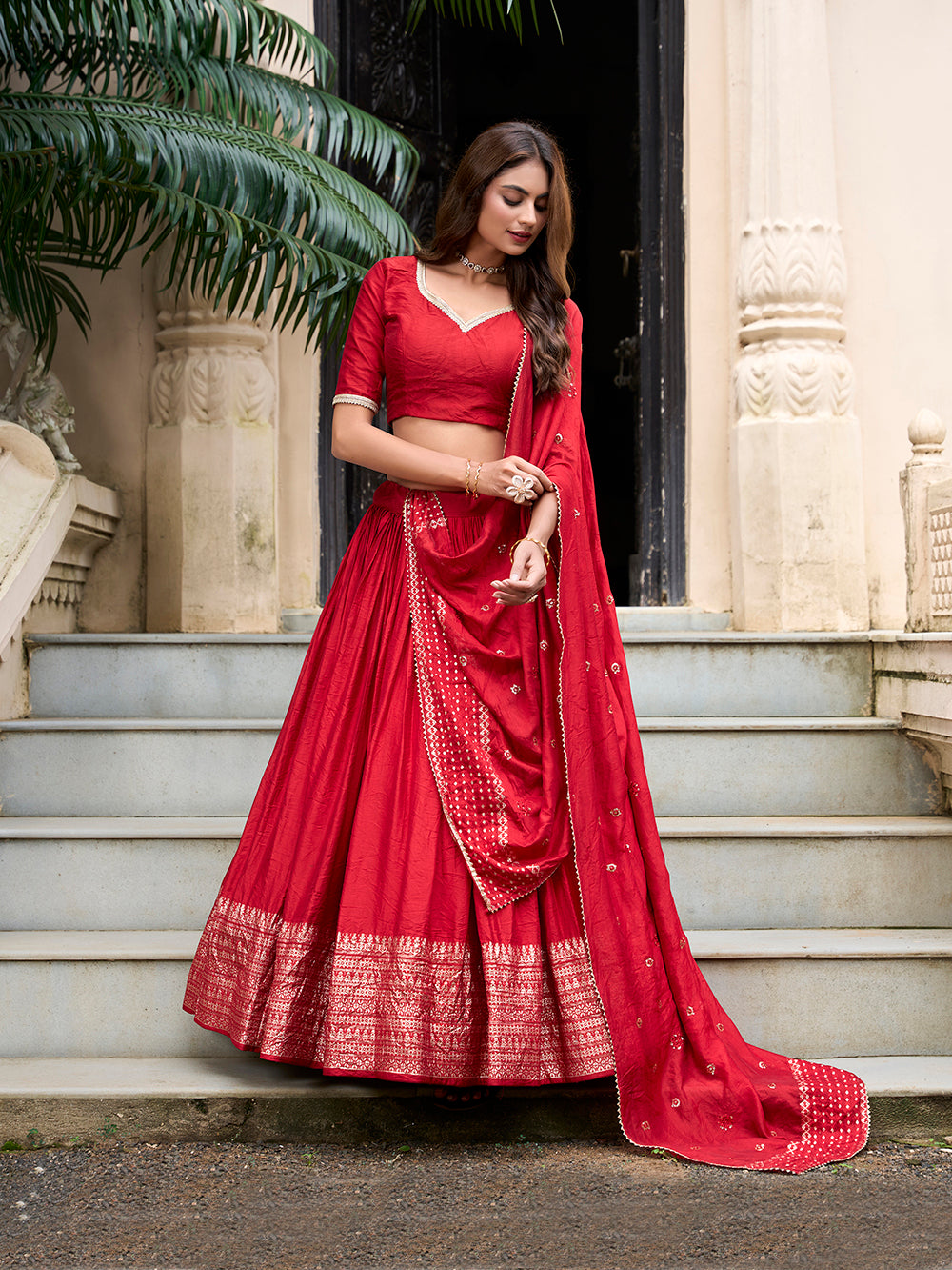 Red Chanderi Zari Weaving Silk Lehenga Choli for Wedding Unstitched Red Chanderi Zari Weaving Silk Lehenga Choli for Wedding Unstitched