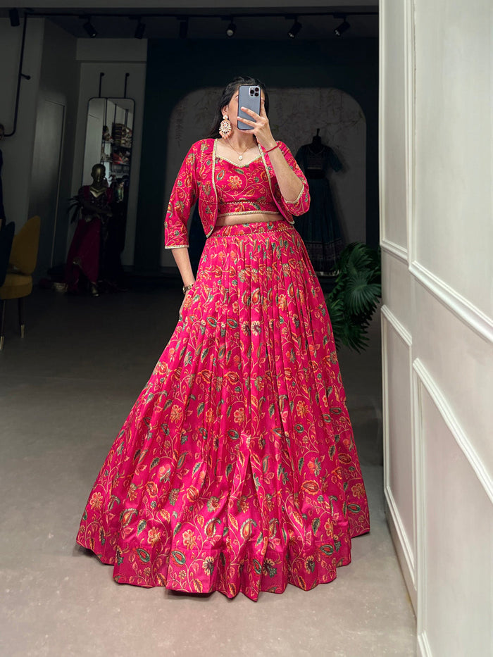 Pink Tasar silk lehenga choli with floral print