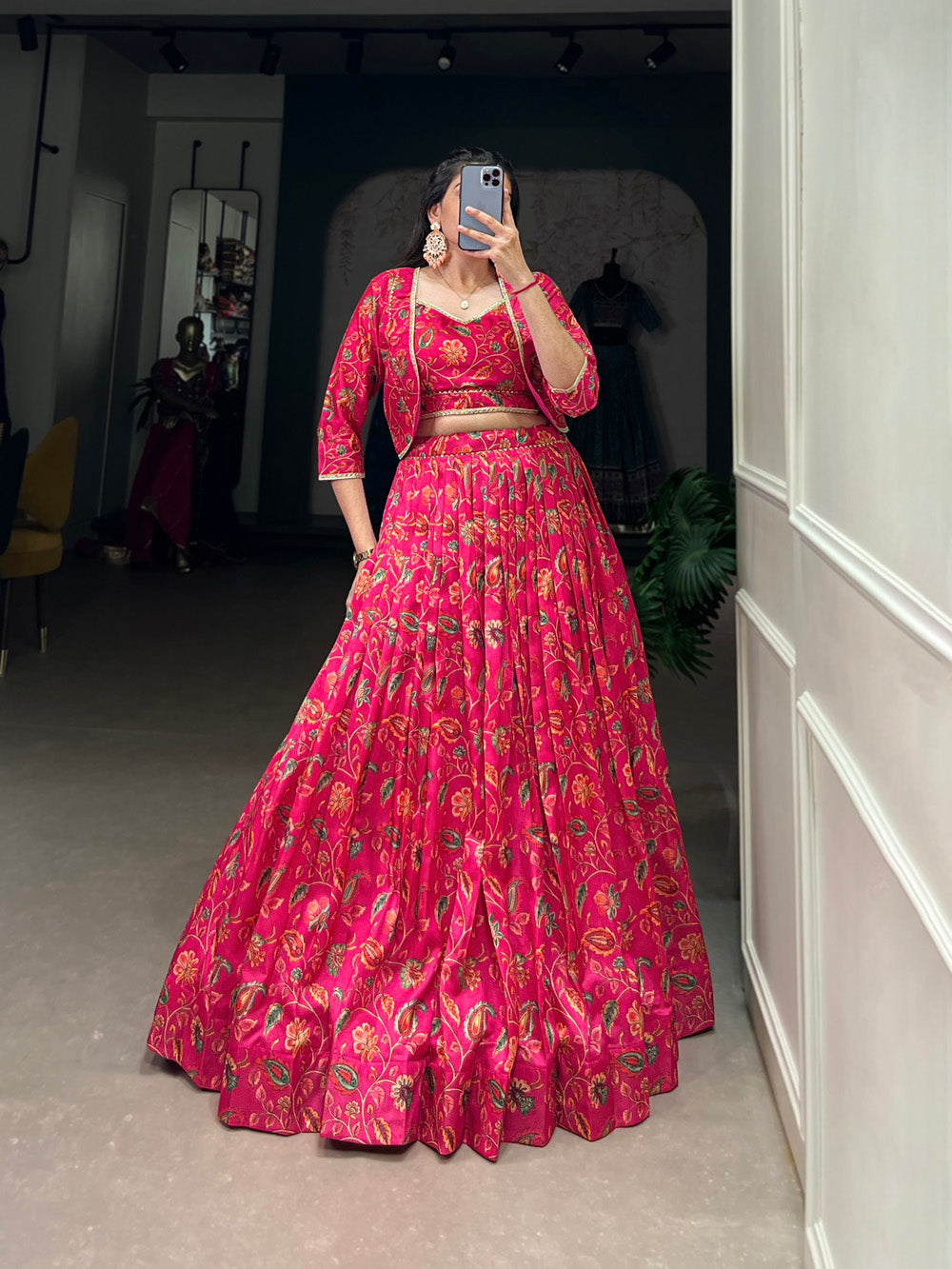 Pink Tasar silk lehenga choli with floral print