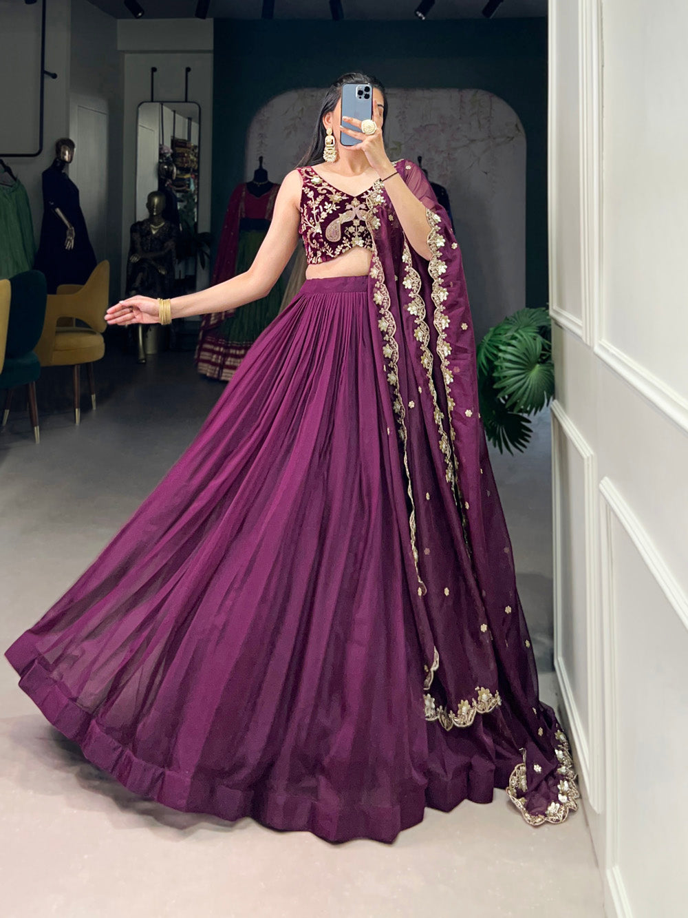 Wine Color Plain With Organza Lehenga Choli