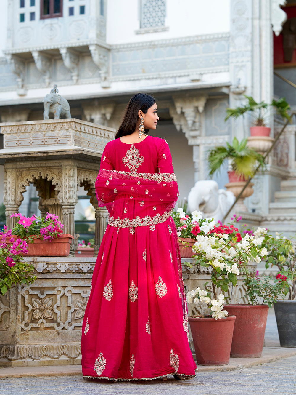Pink Color Sequins And Thread Embroidery Work With Lace Border Vichitra Silk Gown