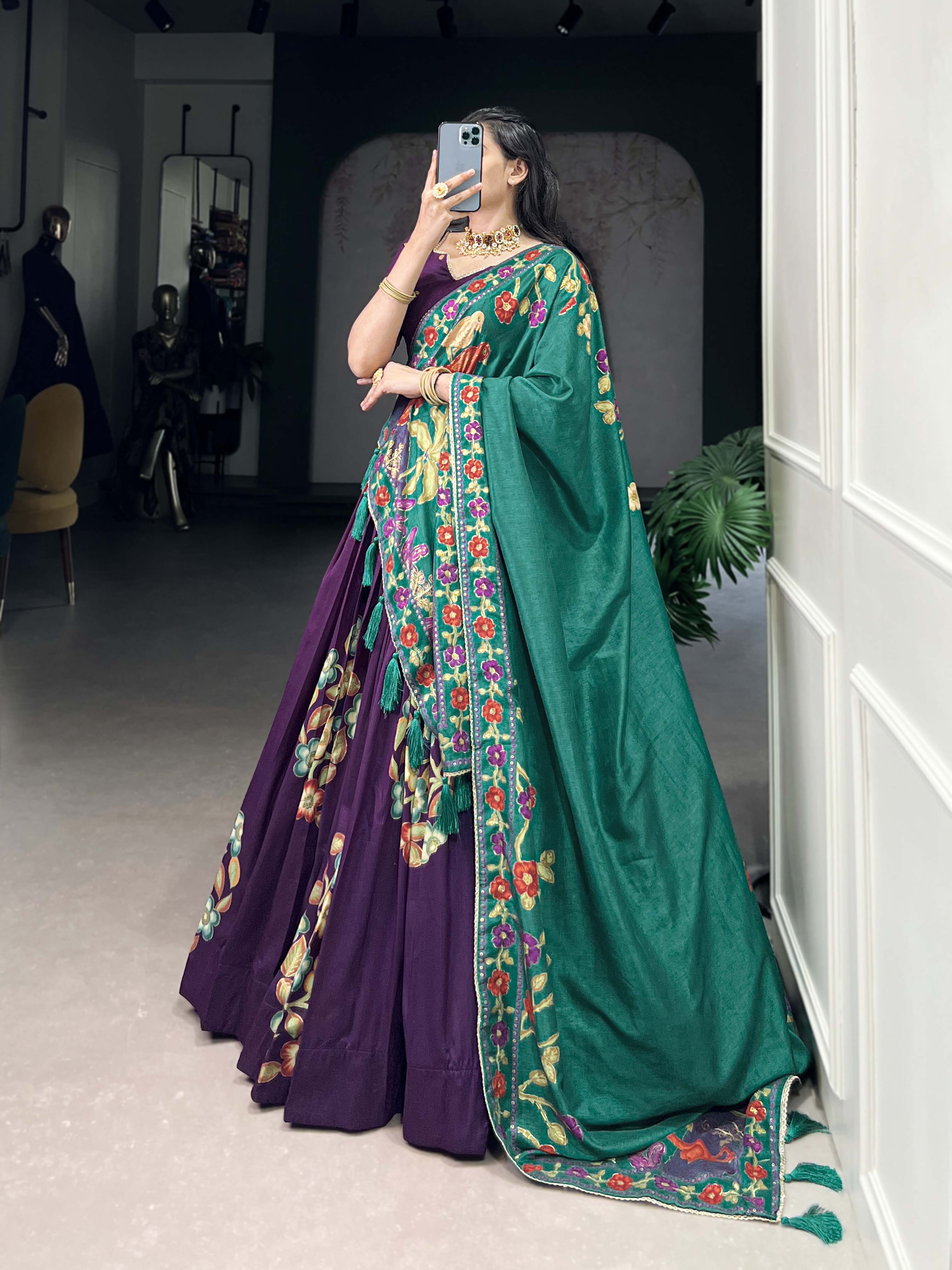 Purple Color Printed And Foil Work Tussar Silk Lehenga Choli