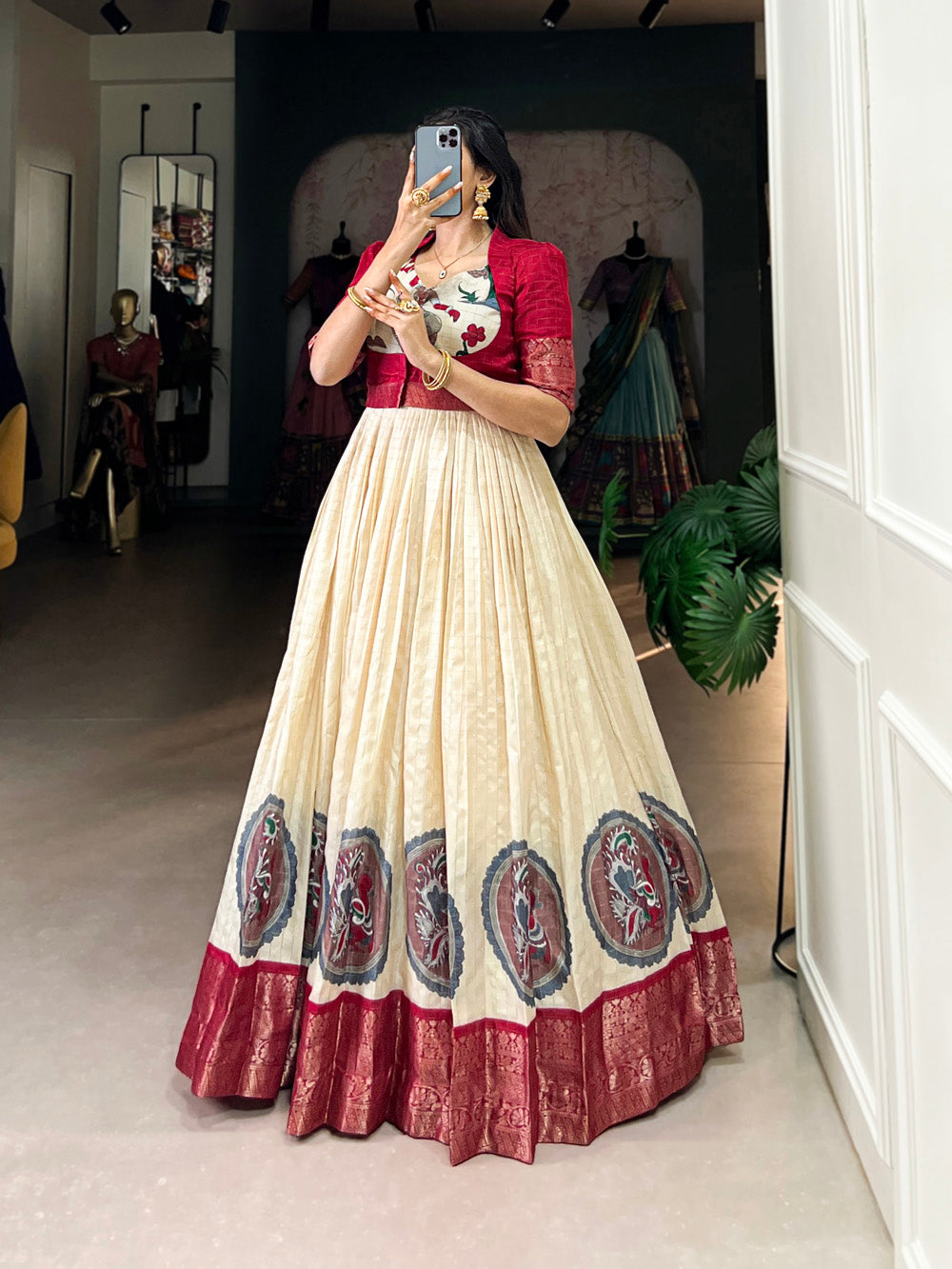 Red Color Kalamkari Print With Zari Weaving Border Dola Silk Gown