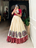 Red Color Kalamkari Print With Zari Weaving Border Dola Silk Gown