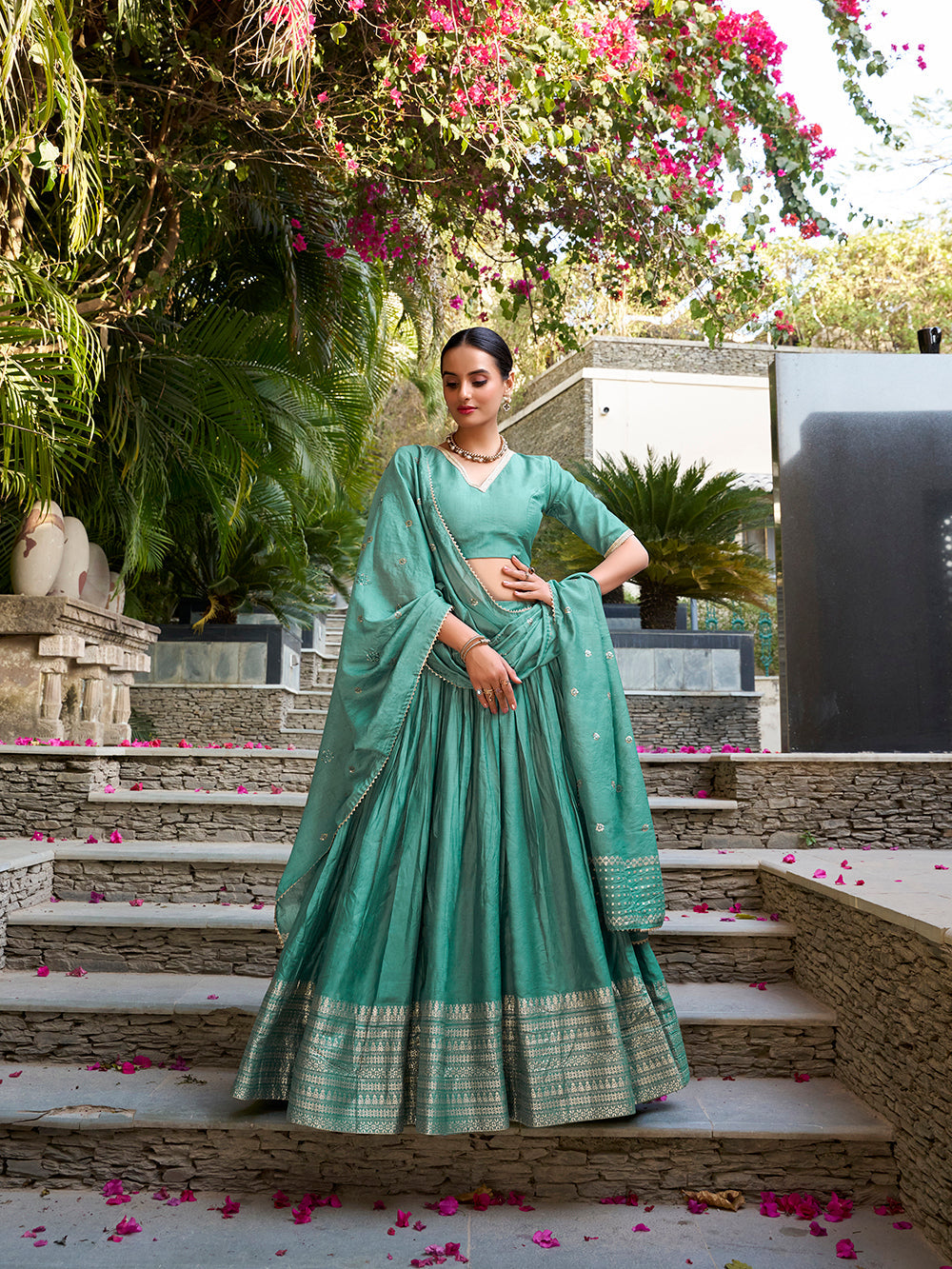 Traditional sea green Chanderi lehenga