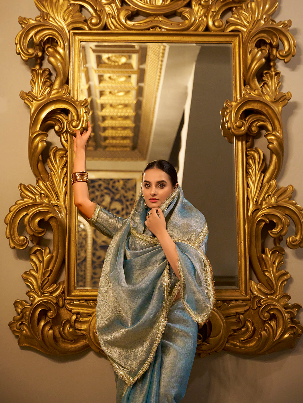 Zari weaving sky blue saree