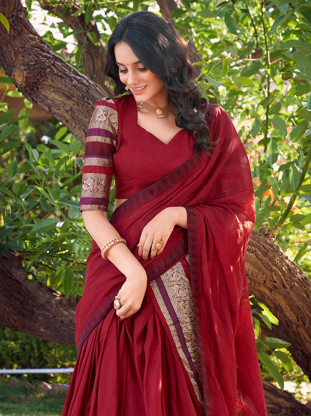 Red Color Plain With Zari Weaving Work Chanderi Silk Lehenga Choli