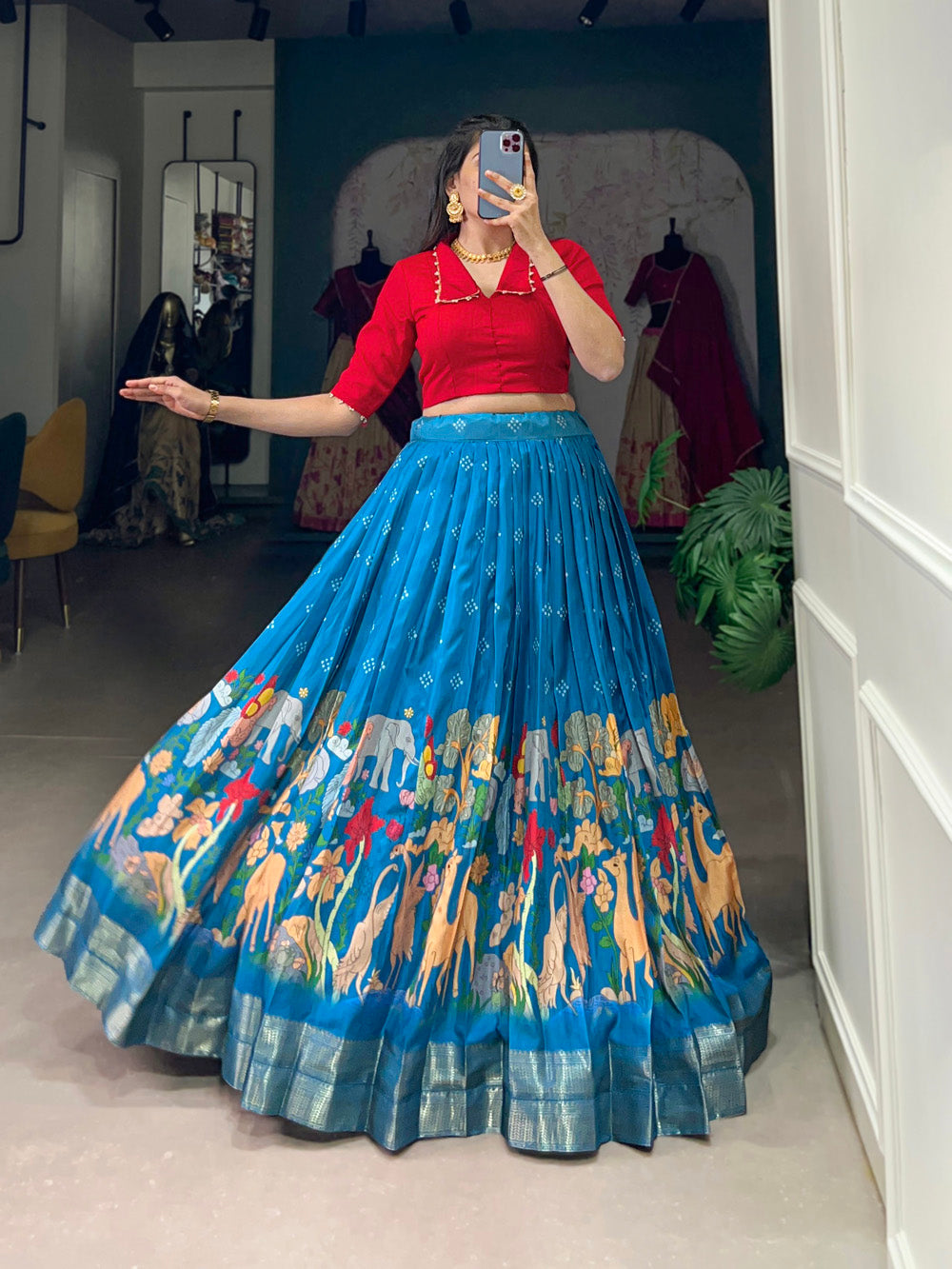 Blue Color Kalamkari Print With Zari Weaving Border Dola Silk South Indian Choli