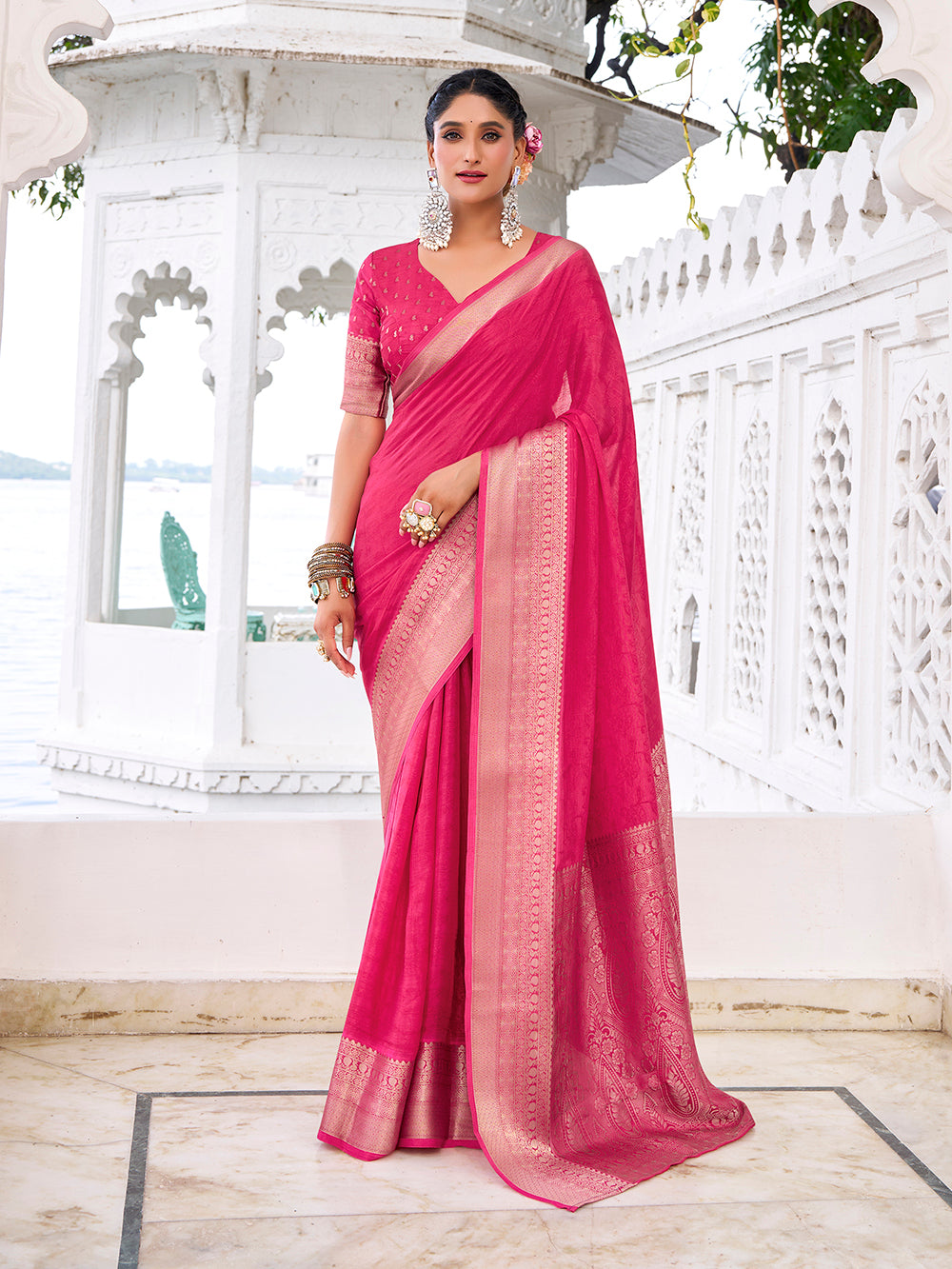 Self printed Chinon saree for weddings