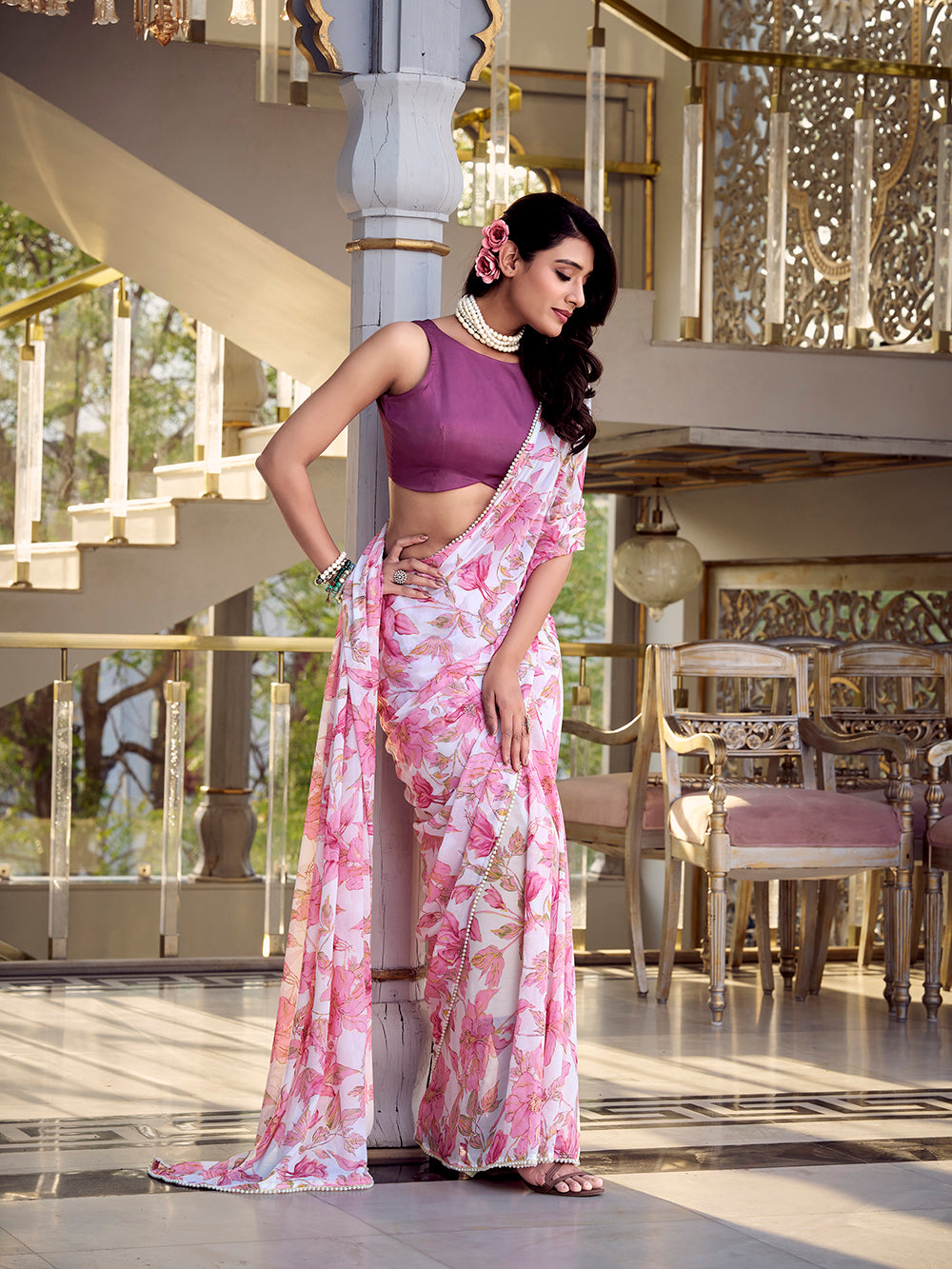 Soft pink printed saree with blouse material