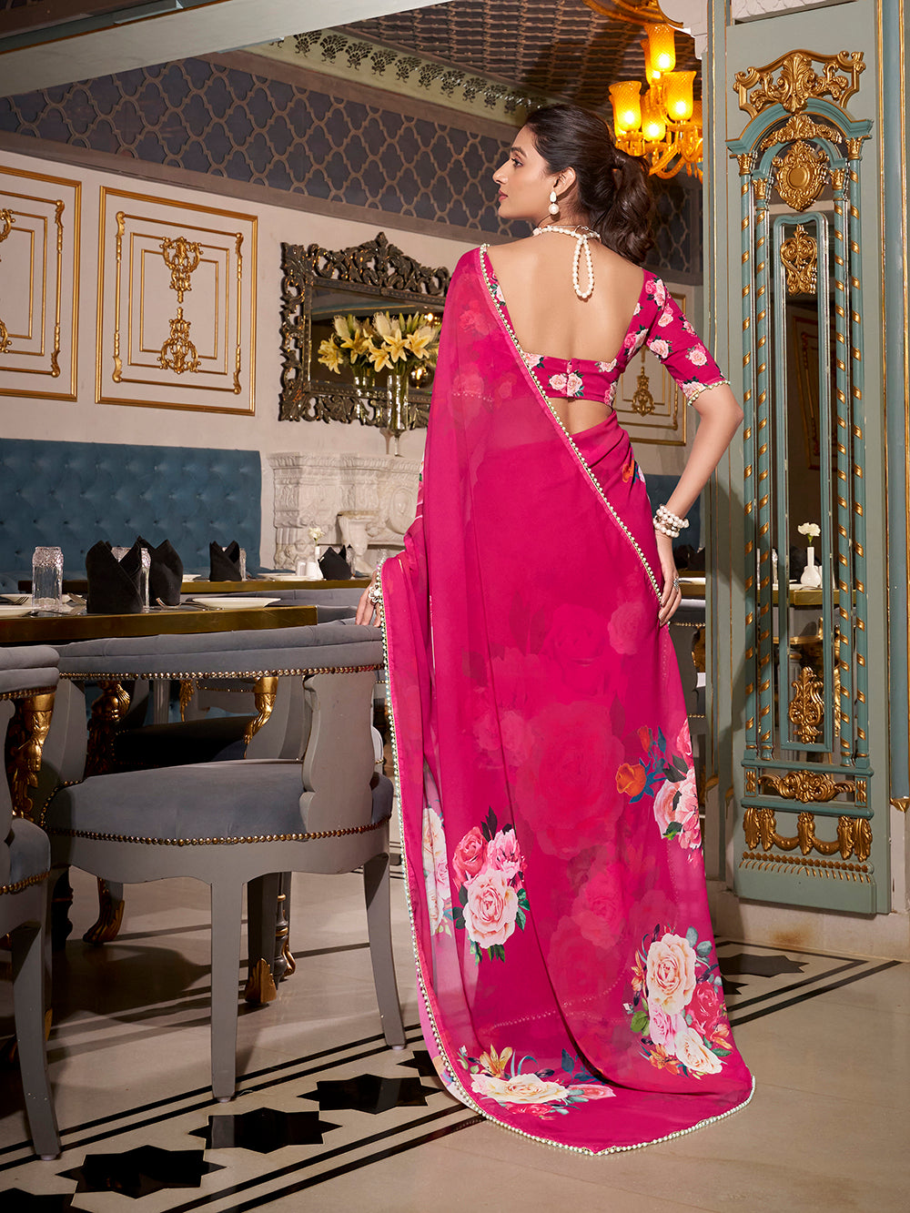Lightweight pink georgette saree with blouse