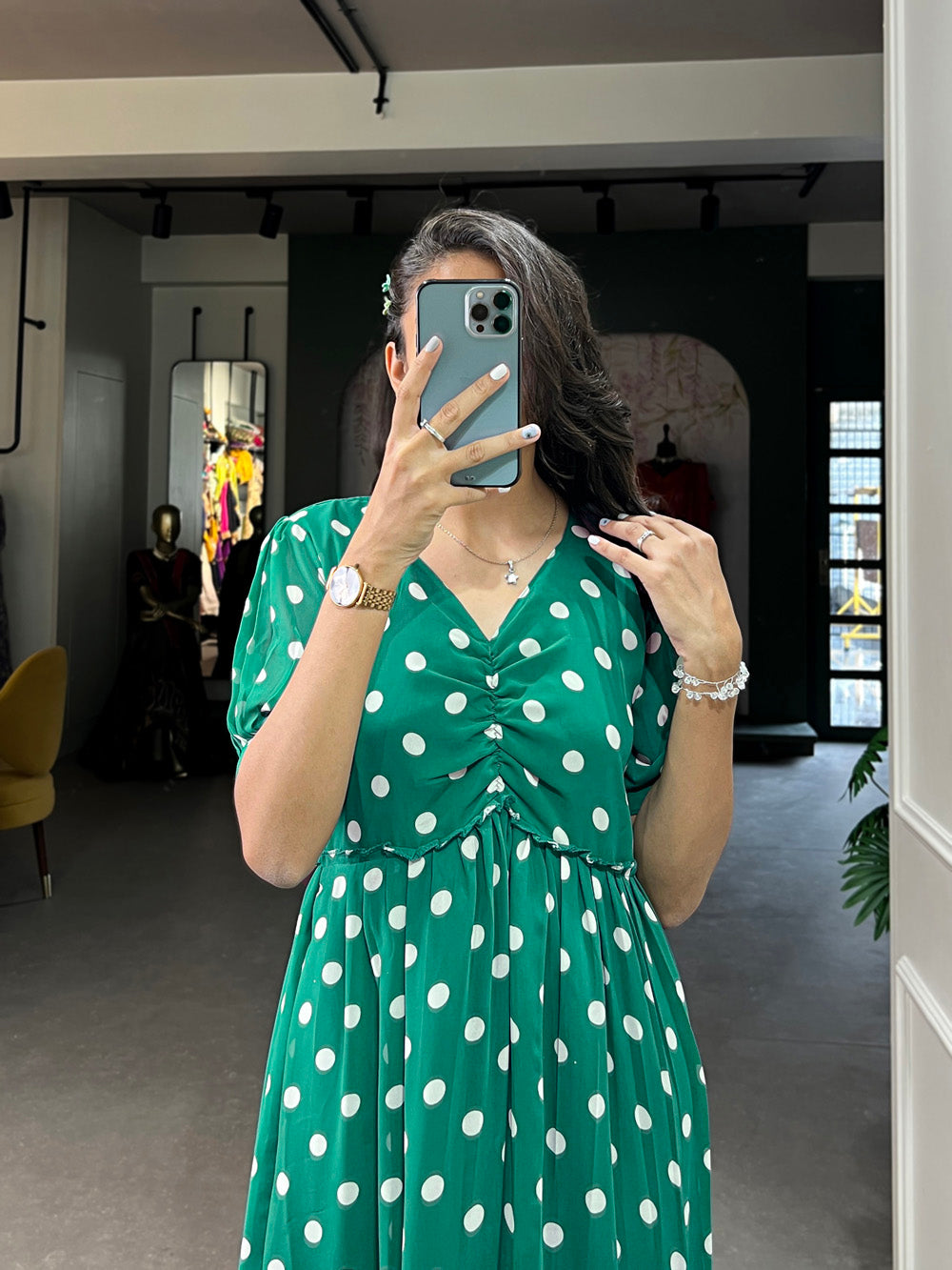 Green Color Polka Dot Print Georgette Fancy Dress