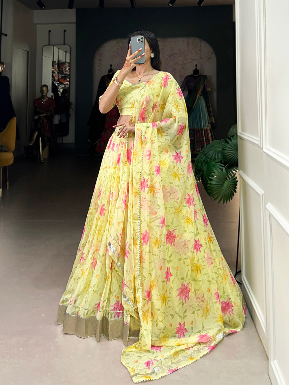 Yellow Color Floral Print With Lace Border Tabby Silk Lehenga Choli