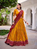 Yellow tasar silk bandhej print lehenga choli